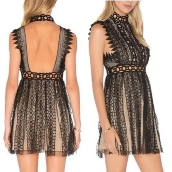 Free People Forever Lace Babydoll Deco Mini Dress Black & Nude Women’s Size 10 - Picture 11 of 16